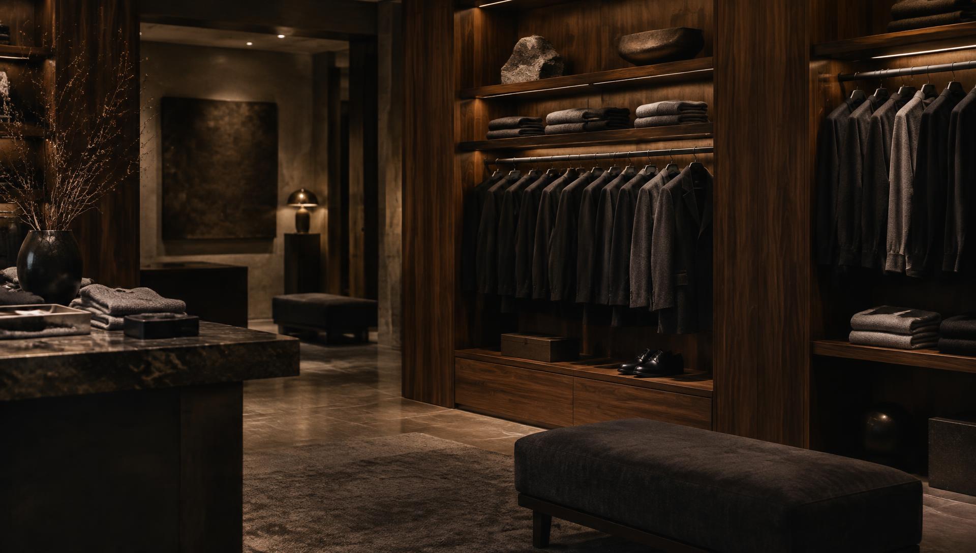 Interieur van Dean: donker hout, warme spots en rekken met zwarte en grijze kleding