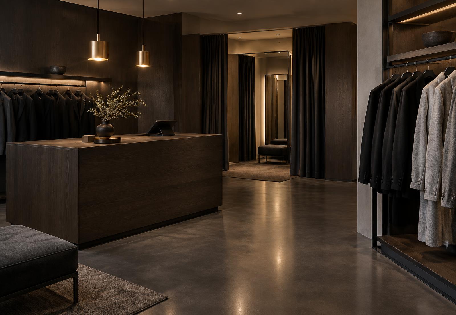 Interieur van de winkel: donker hout, warme verlichting en rekken met jassen